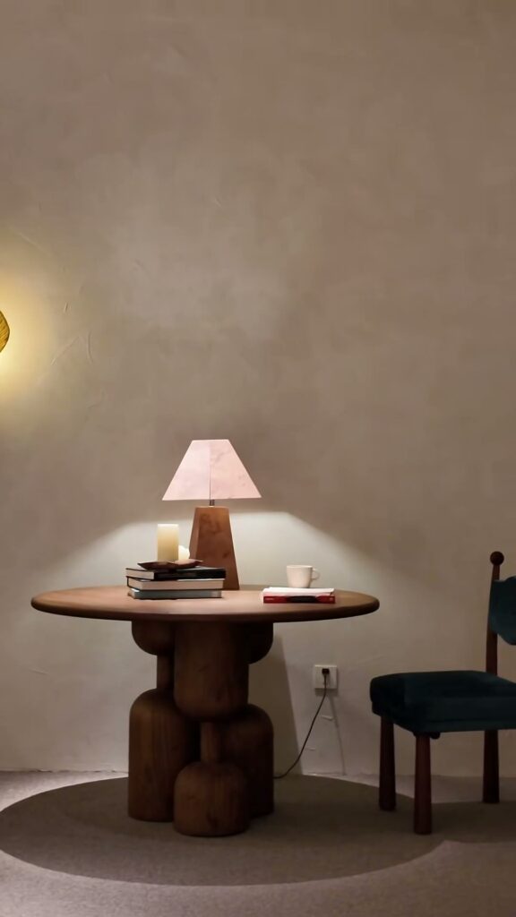 A round wooden pedestal table under a shaded lamp, with a velvet dining chair alongside